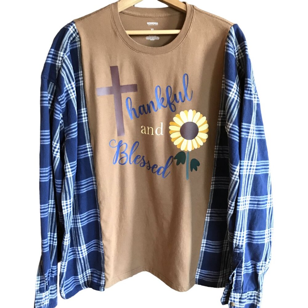 Upcycled Flannel Shirt, Reworked Oversized Thankful Blessed Graphic, Plus Size
